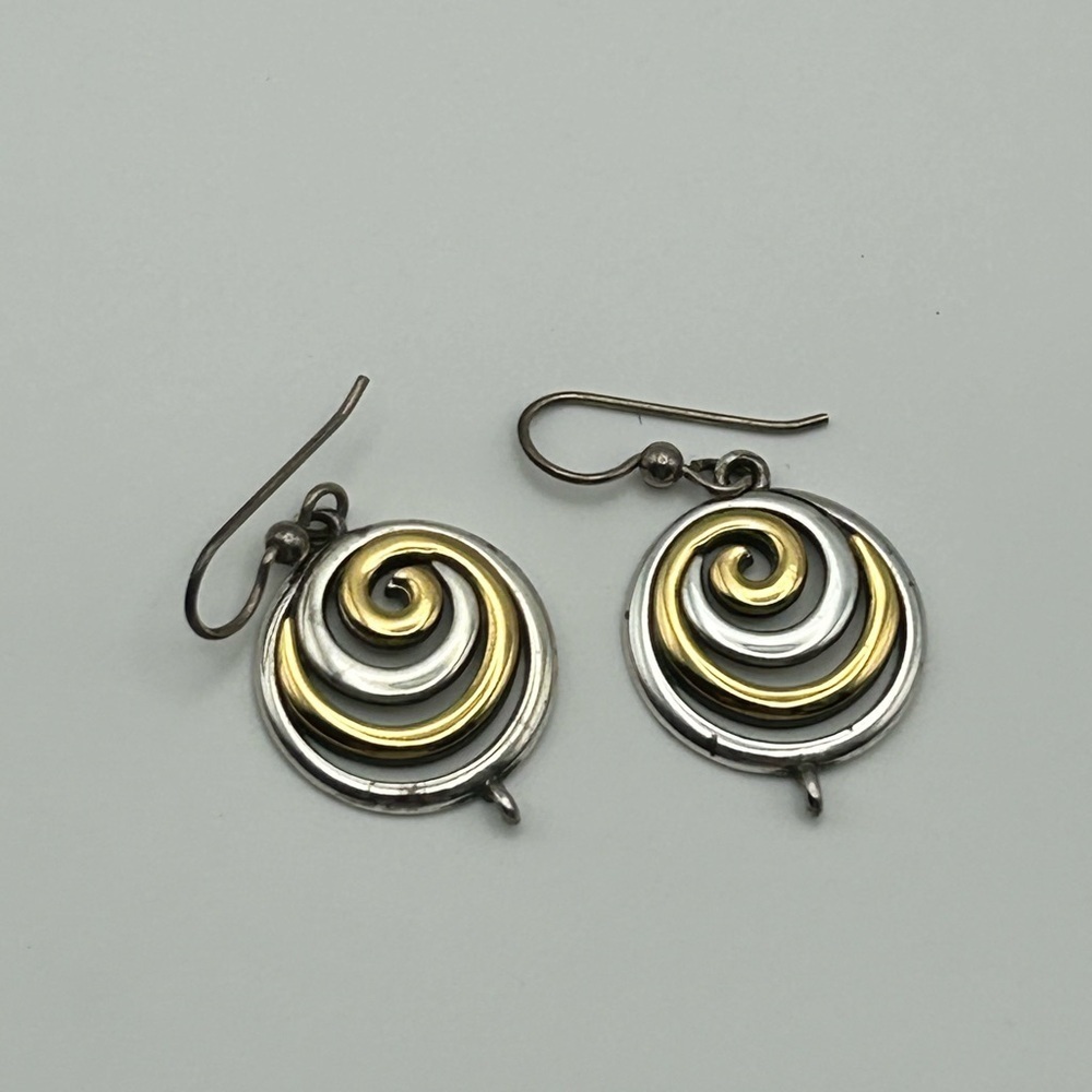 Two-Tone Spiral Earrings Gold Silver Plated 3/4"D Drop French Wire - Picture 8 of 8